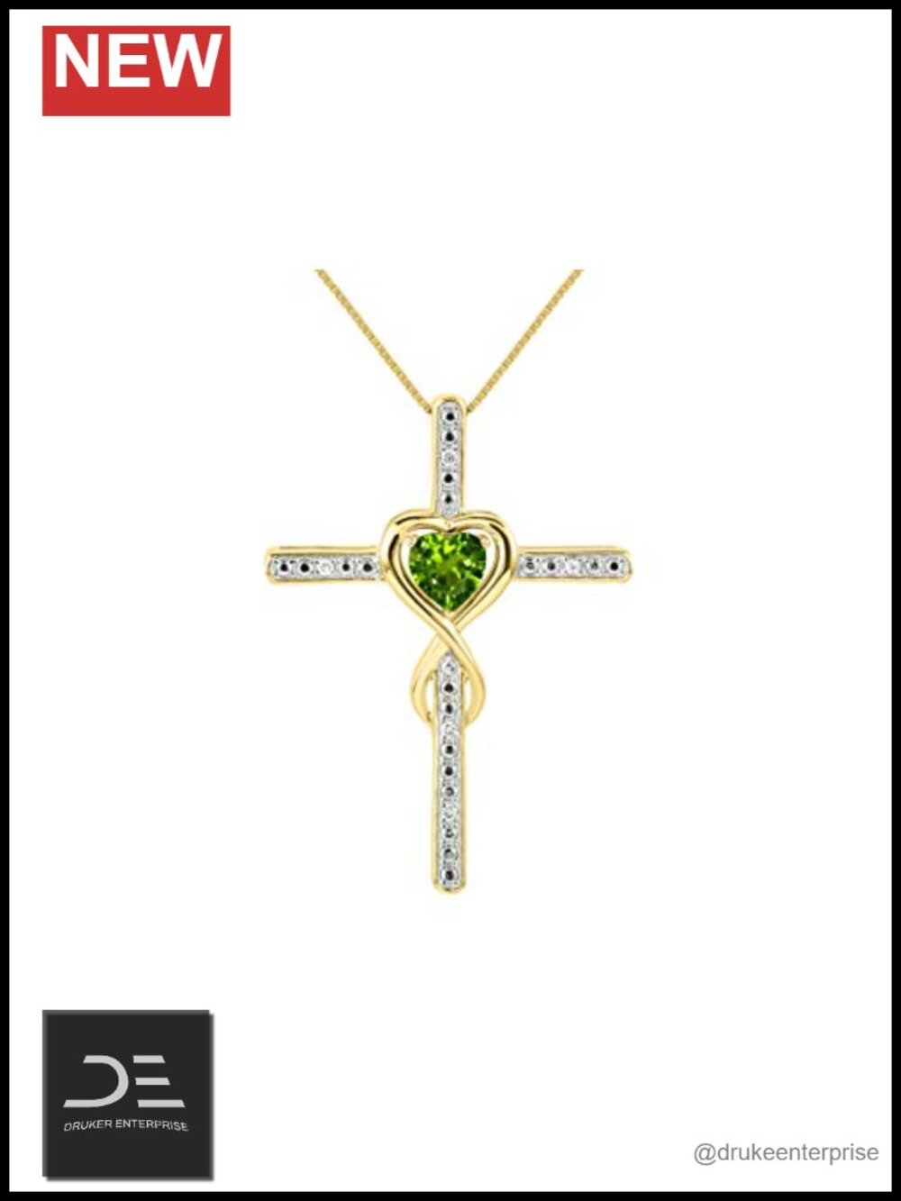 Heart Gemstone Diamond Cross Necklace 18" Yellow Gold Plated Silver